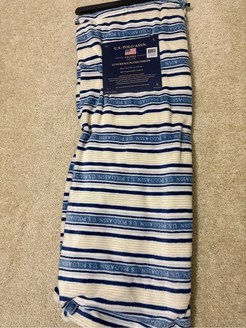 U.S. Polo Assn. Blue & White Striped Plush Throw Blanket